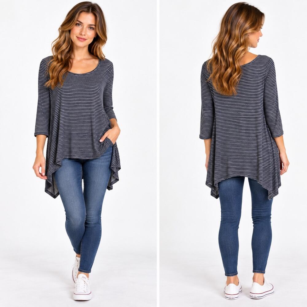 Postmark Anthropologie Womens XS Navy Striped Tunic Top Long Sleeve High Low